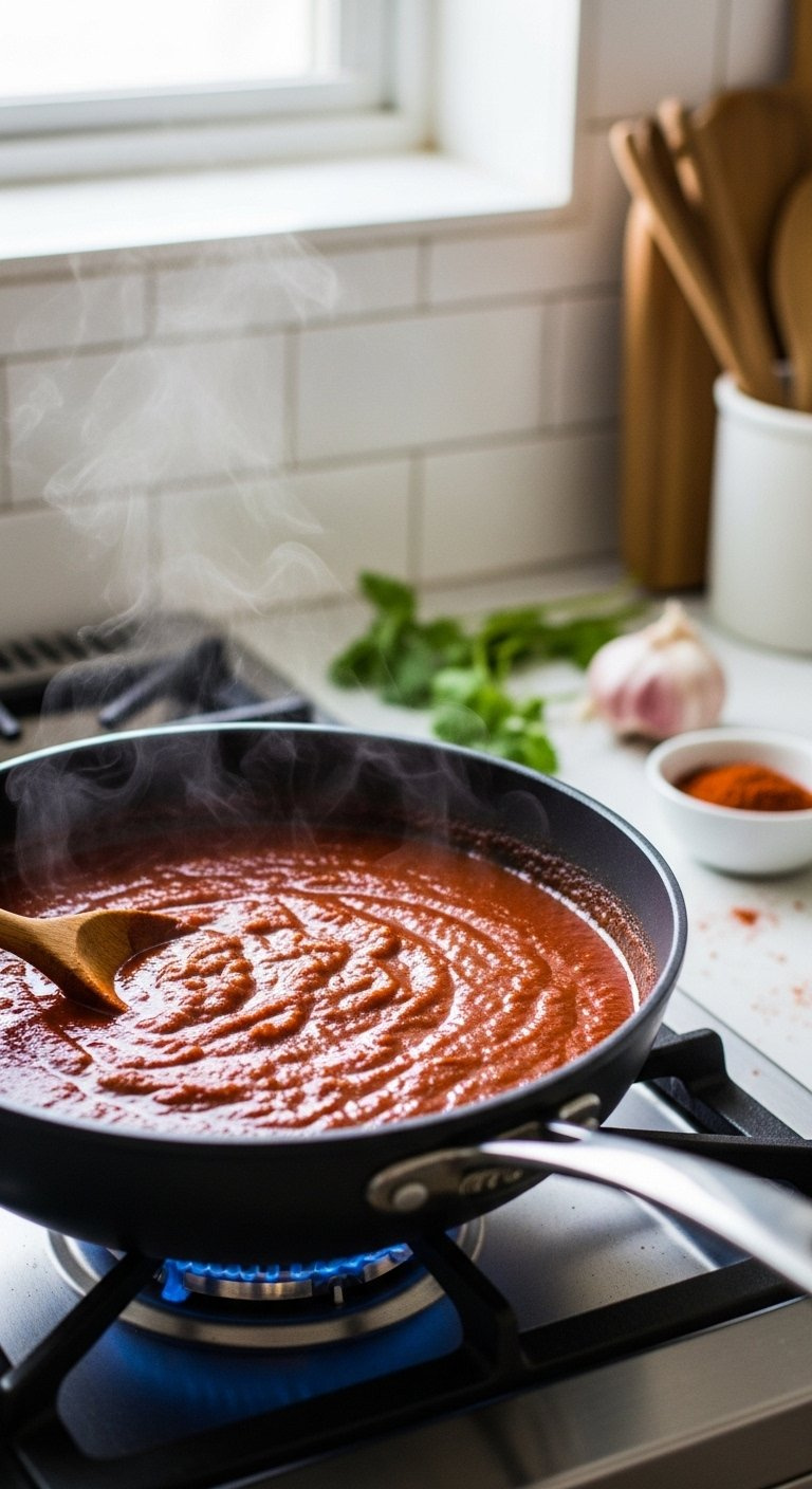 Close-Up Of Simmering Dark Red Enchilada Sauce In A Pan With Steam Rising And A Wooden Spoon Nearby.