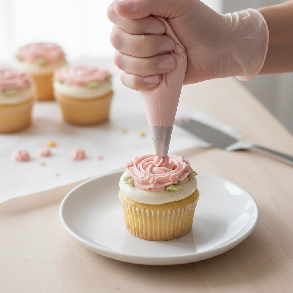 Close-Up Of Skilled Hand Piping Floral Pattern Onto Cupcake Using Pastry Bag With Star Tip