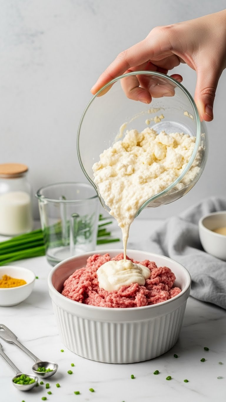 Close-Up Of Smooth Pureed Silken Tofu Being Added To Raw Meatloaf Mixture In A White Bowl On Marble. Elegant Grays, Soft Pinks.