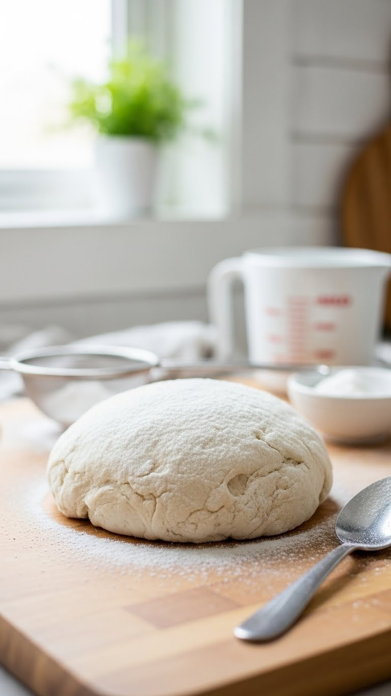 Close-Up Of Smooth White Baking Soda Dough On Floured Wooden Surface With Baking Tools In Soft Natural Light.
