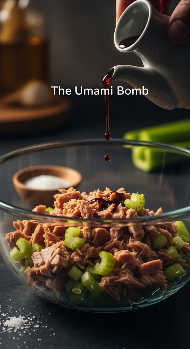 Close-Up Of Soy Sauce Drizzling Into A Glass Bowl Of Flaked Tuna And Diced Celery, Highlighting Umami Flavor Enhancement