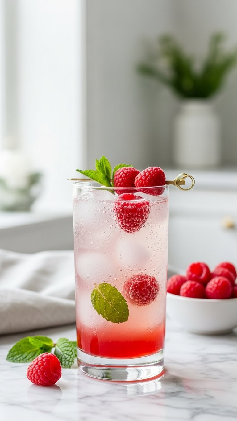 Close-Up Of Sparkling White Lotus Energy Drink With Raspberries And Mint In Clear Glass On Marble Countertop