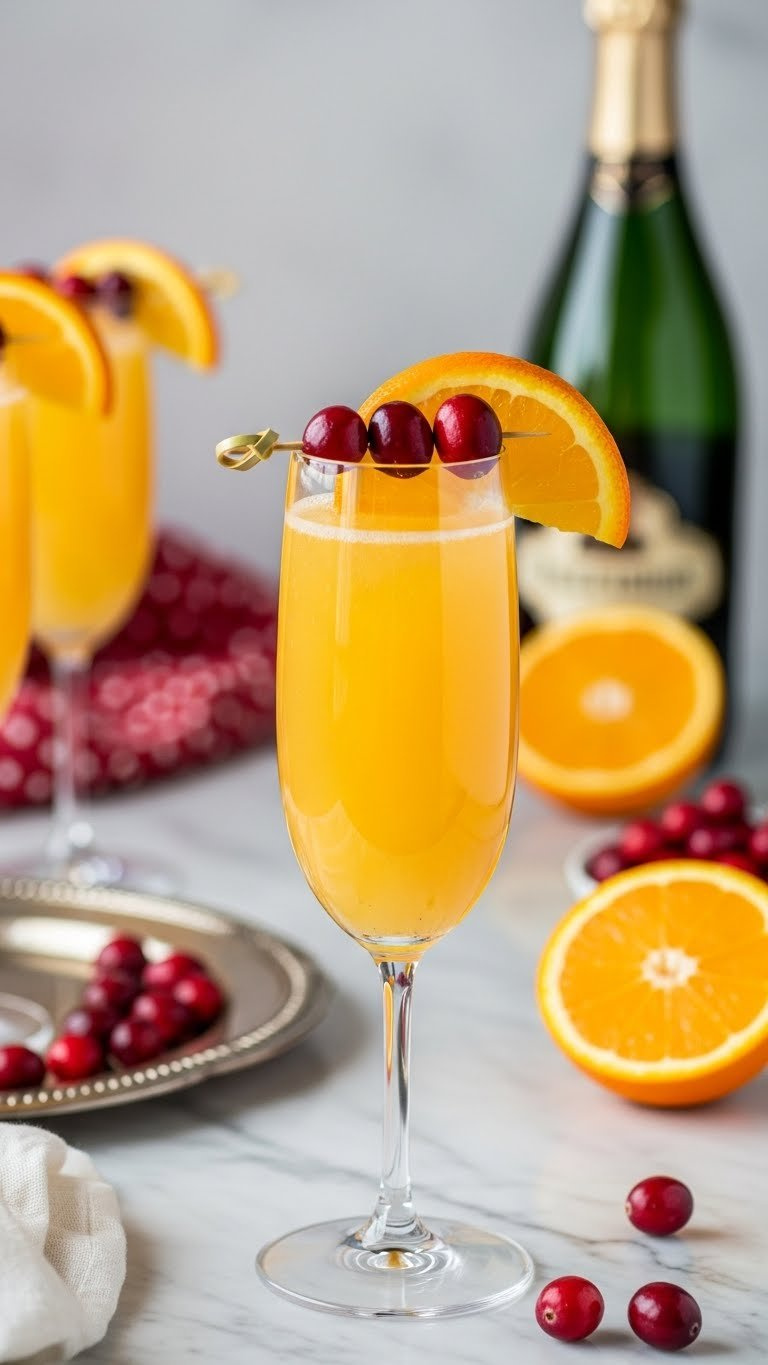 Close-Up Of Sparkling Cranberry Orange Mimosa Garnished With Fresh Cranberries And Orange Slice On Marble Countertop