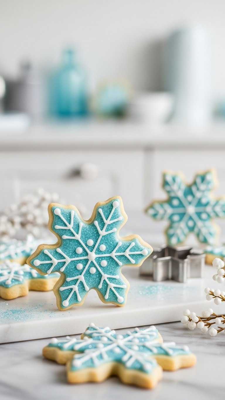 Close-Up Of Sparkling Snowflake Sugar Cookies With Edible Glitter Frosting On Marble Countertop In Bright Daylight