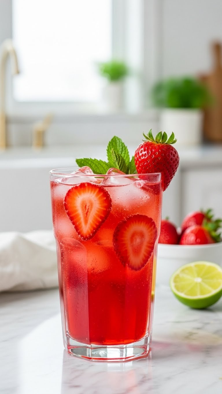 Close-Up Of Sparkling Strawberry Sprite Mocktail In Clear Glass With Ice Cubes, Fresh Strawberry Slices, And Mint Garnish On Marble Countertop