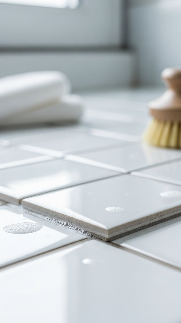 Close-Up Of Sparkling White Tile Grout Lines Against Clean Ceramic Tiles With Subtle Moisture After Professional Cleaning.