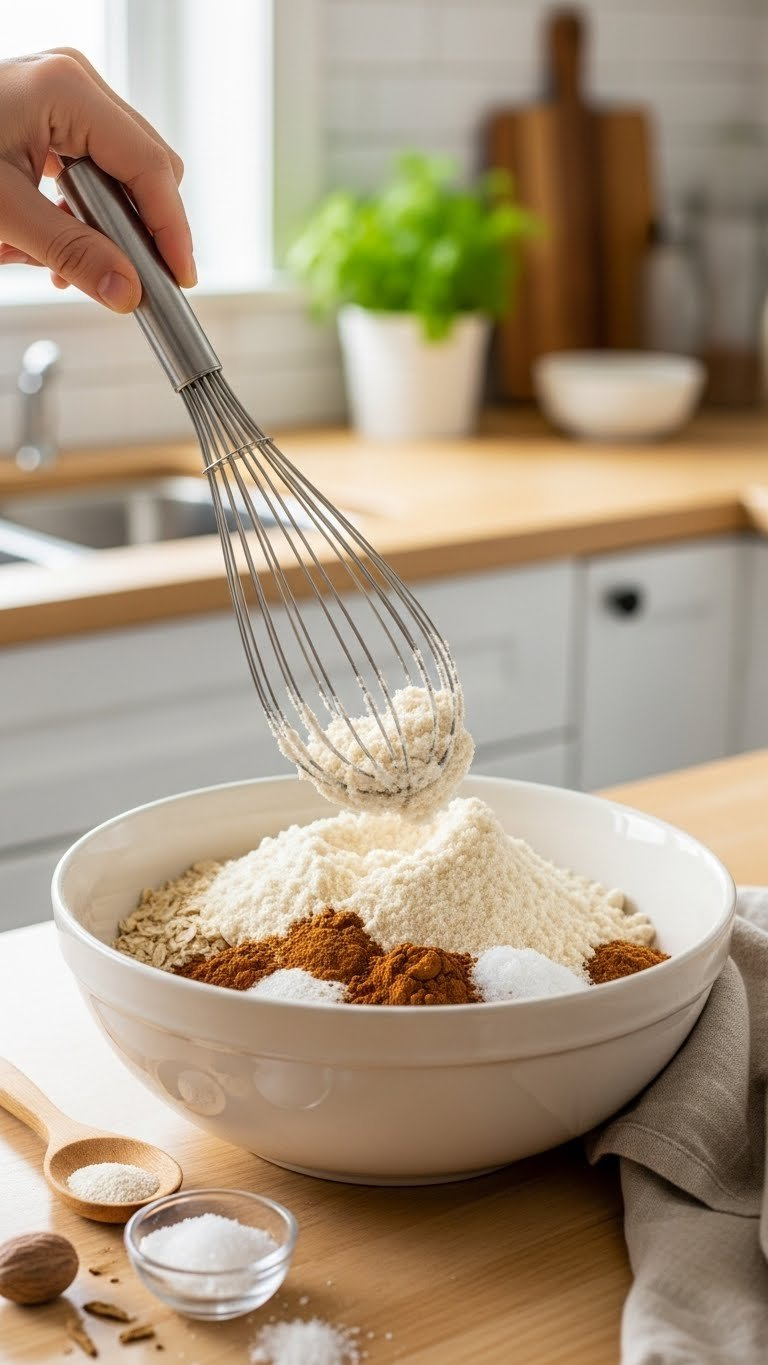 Close-Up Of Stainless Steel Whisk Combining Almond Flour, Oat Flour, And Spices For Healthy Carrot Cake Batter