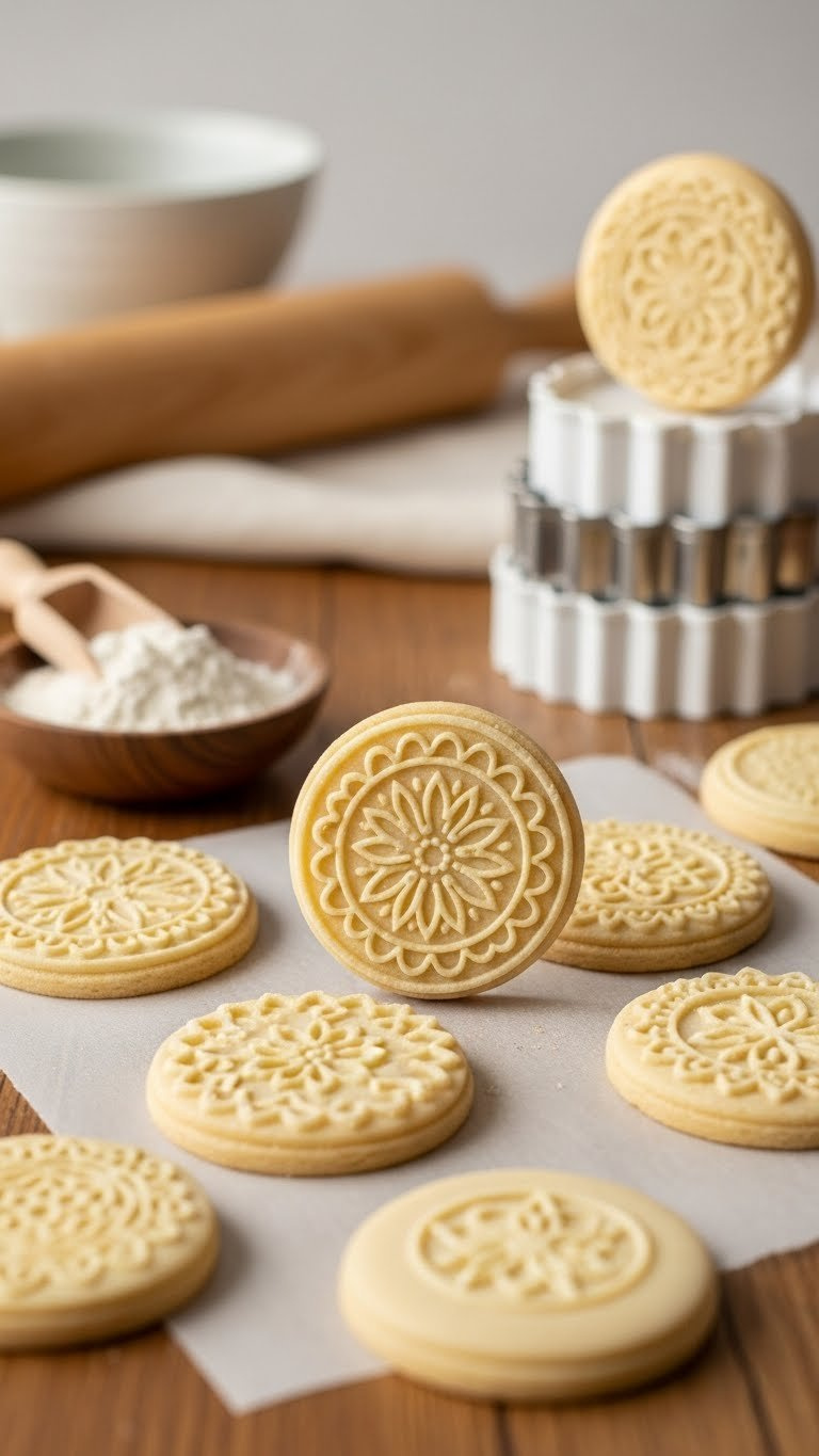 Close-Up Of Stamped Sugar Cookies With Intricate Floral Patterns And Edible Glitter On Rustic Wooden Table With Baking Tools