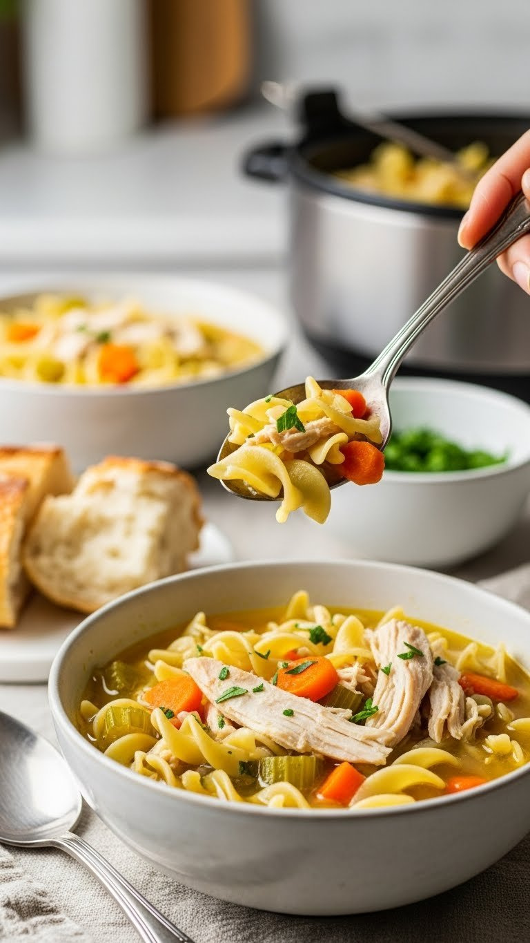 Close-Up Of Steaming Instant Pot Chicken Noodle Soup With Tender Chicken, Egg Noodles, Carrots, Celery, And Parsley Garnish In Rustic Ceramic Bowl