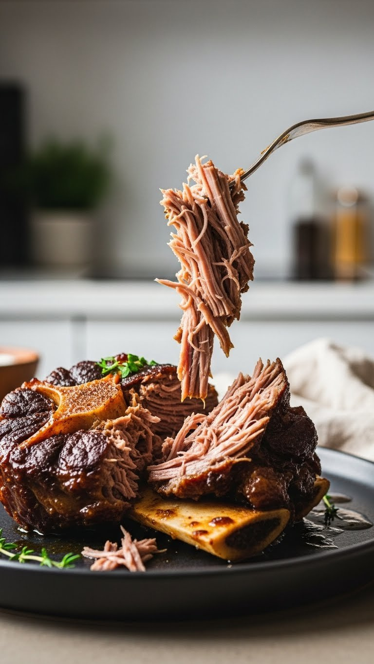 Close-Up Of Tender Caramelized Oxtail Meat Falling Off The Bone, With Glossy Sauce And A Fresh Herb Garnish.