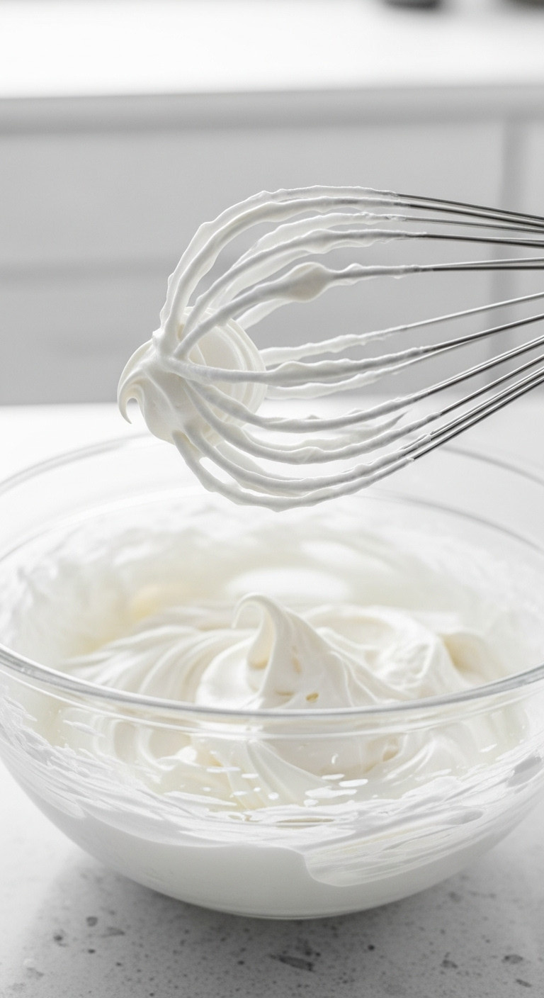 Close-Up Of Thick, Stable Mascarpone Whipped Cream With Stiff Peaks On Whisk In A Glass Bowl, On A Kitchen Counter.
