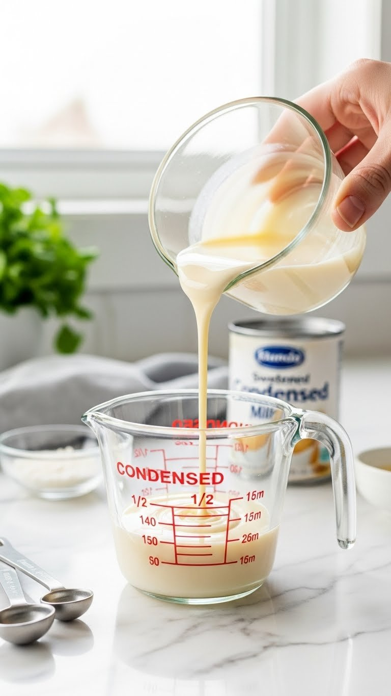 Close-Up Of Thick Sweetened Condensed Milk Poured Into A 1/4 Measuring Cup On White Marble, Kitchen Backdrop. Ideal For Baking Recipes.