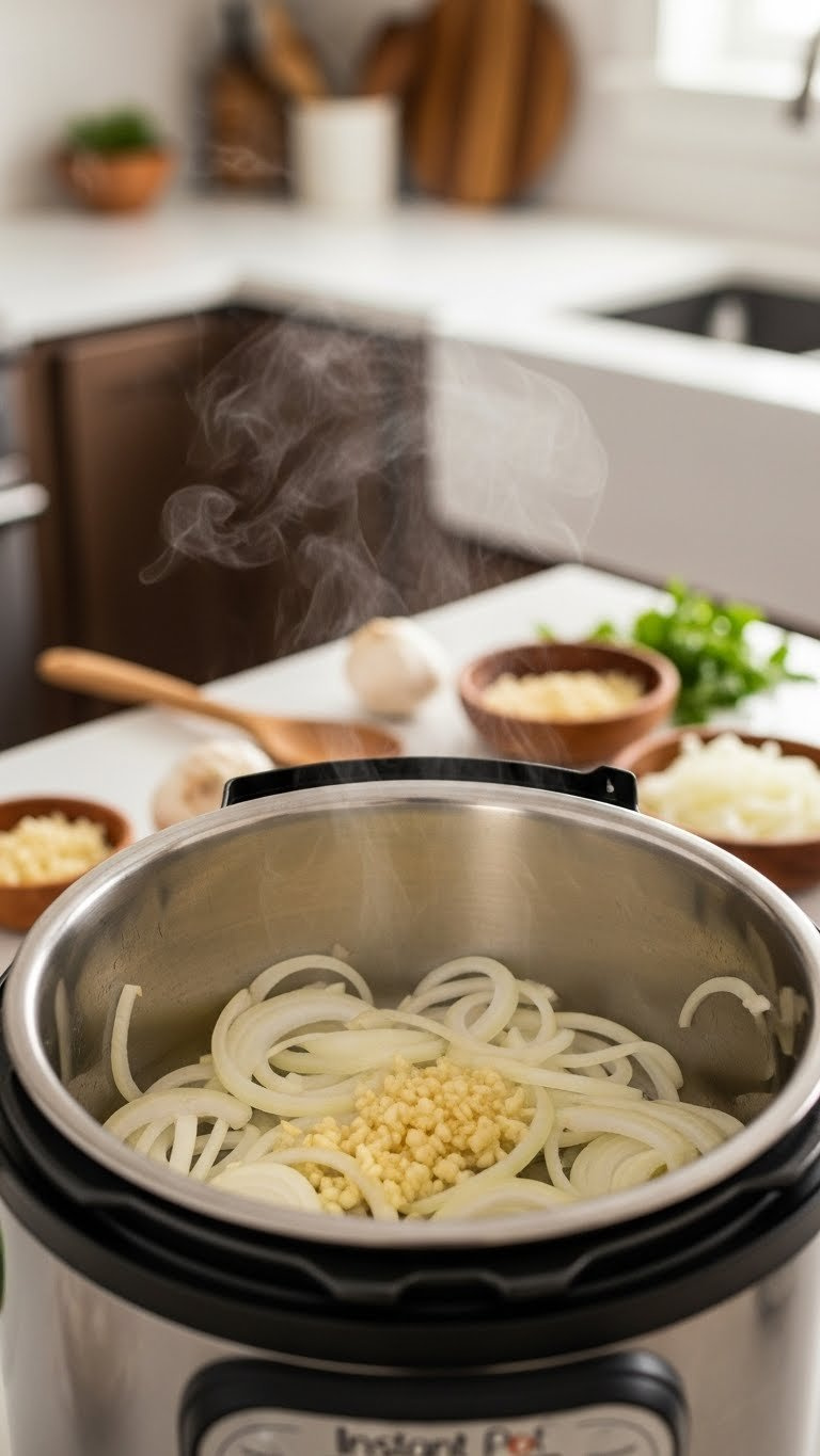 Close-Up Of Thinly Sliced White Onions And Minced Garlic Sizzling In A Stainless Steel Instant Pot, Steam Rising, Ready For A Delicious Recipe.