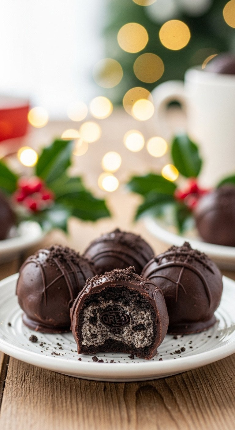 Close-Up Of Three Dark Chocolate Oreo Truffles On A White Plate, One Bitten To Show The Cookie-Flecked Center.