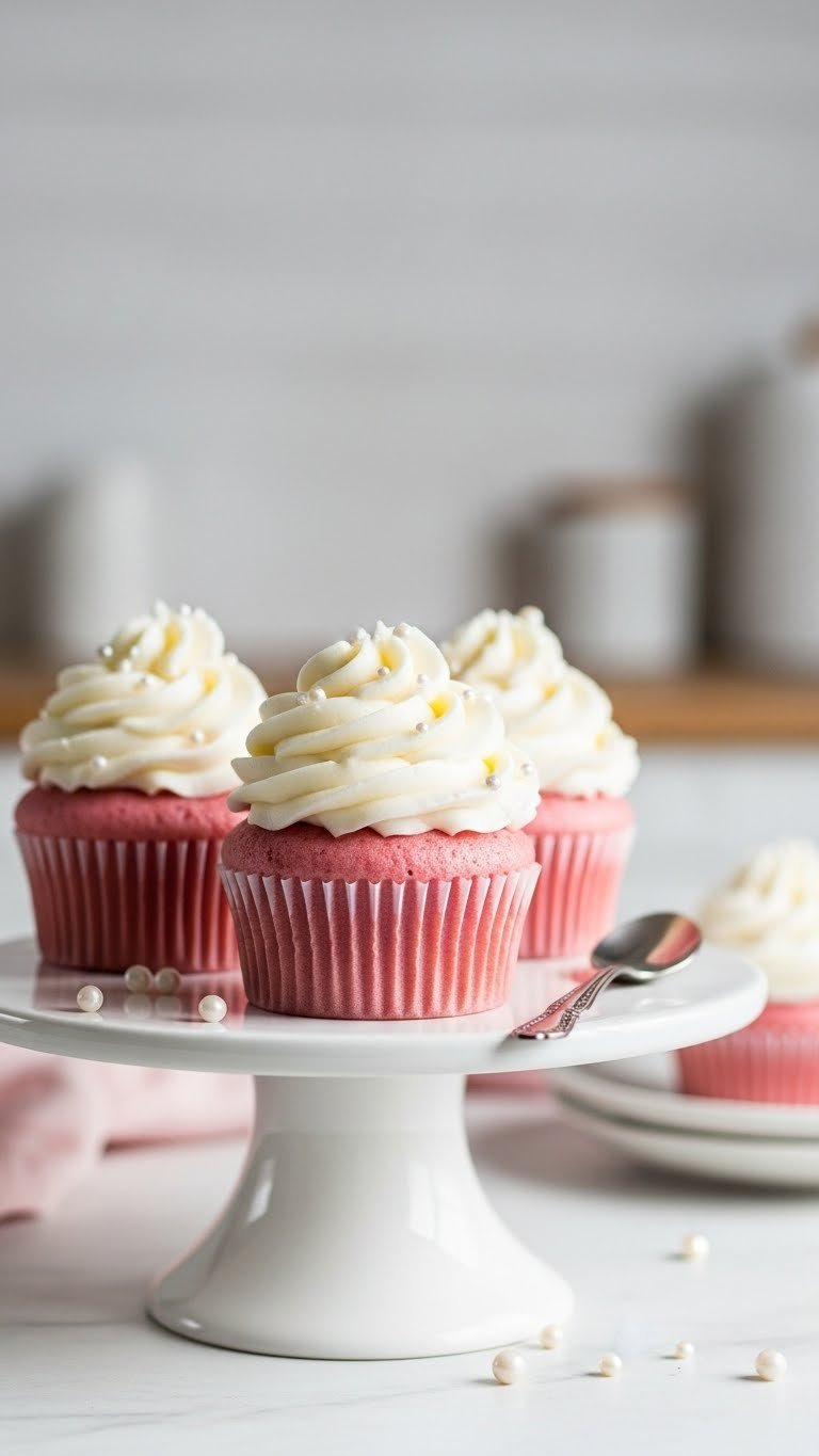 Close-Up Of Three Fluffy Pink Velvet Cupcakes With Cream Cheese Frosting And Edible Pearls On White Ceramic Stand