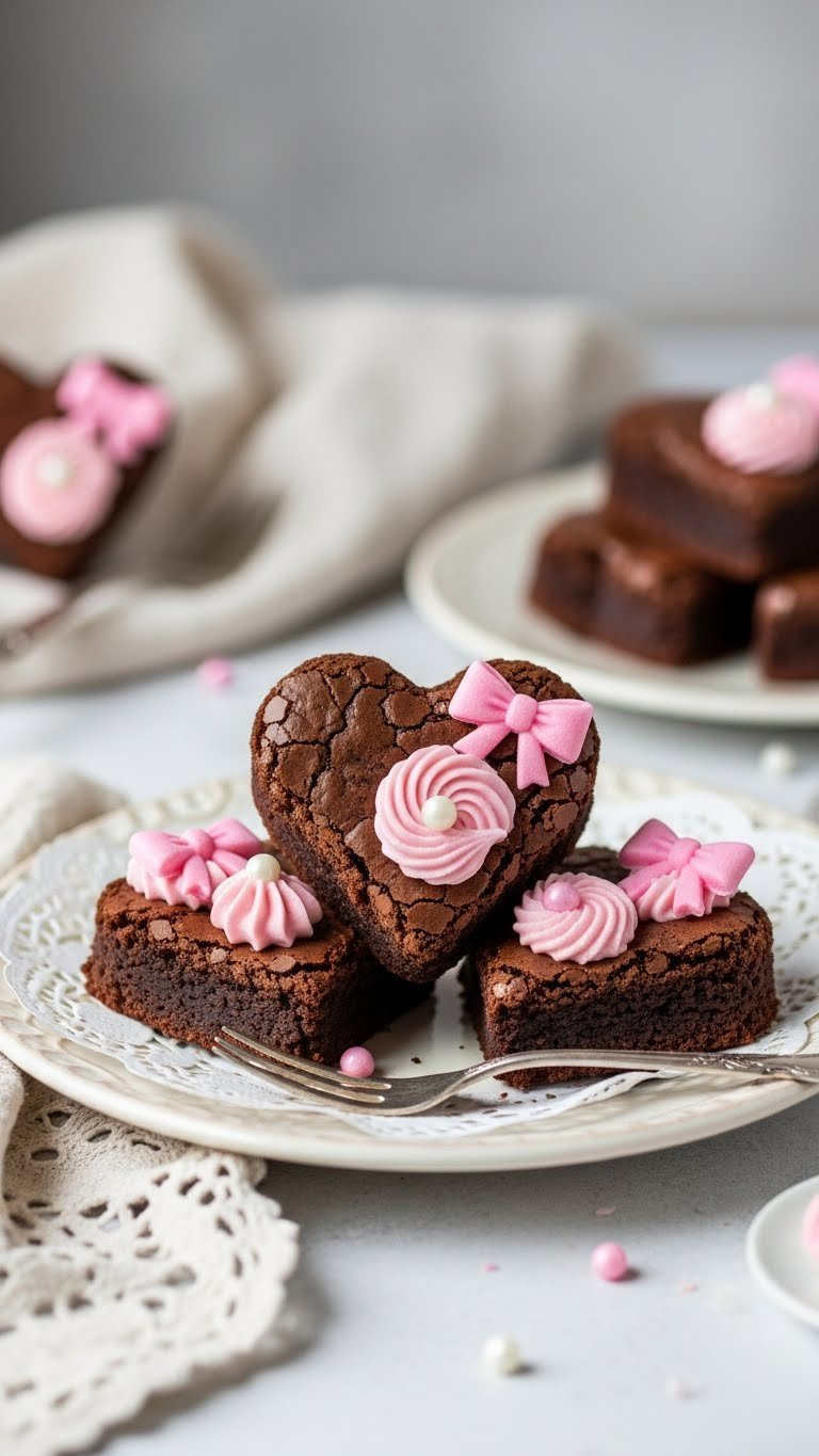 Close-Up Of Three Heart-Shaped Brownies With Pink Frosting And Edible Pearls On Vintage Ceramic Plate