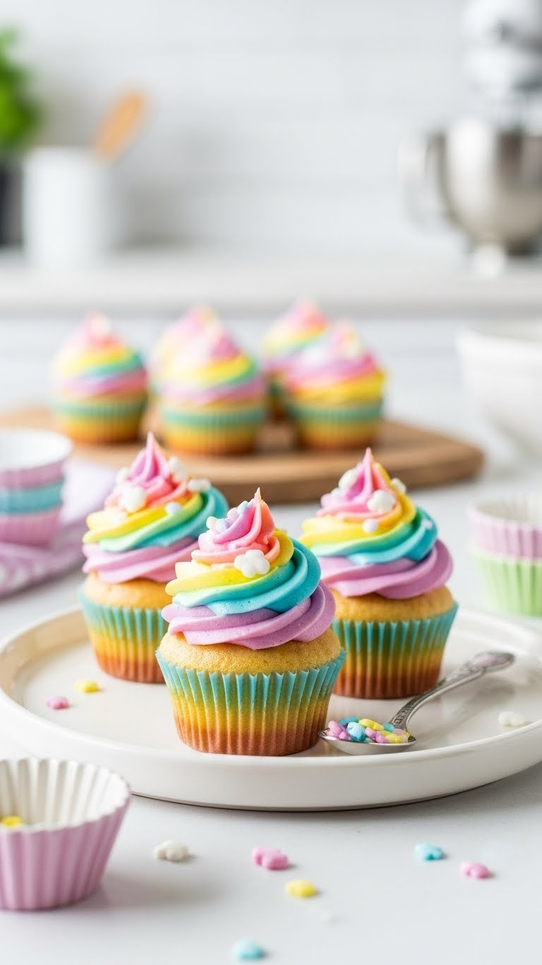 Close-Up Of Three Miniature Rainbow Swirl Cupcakes With Pastel Frosting And White Cloud Sprinkles On A White Ceramic Plate.