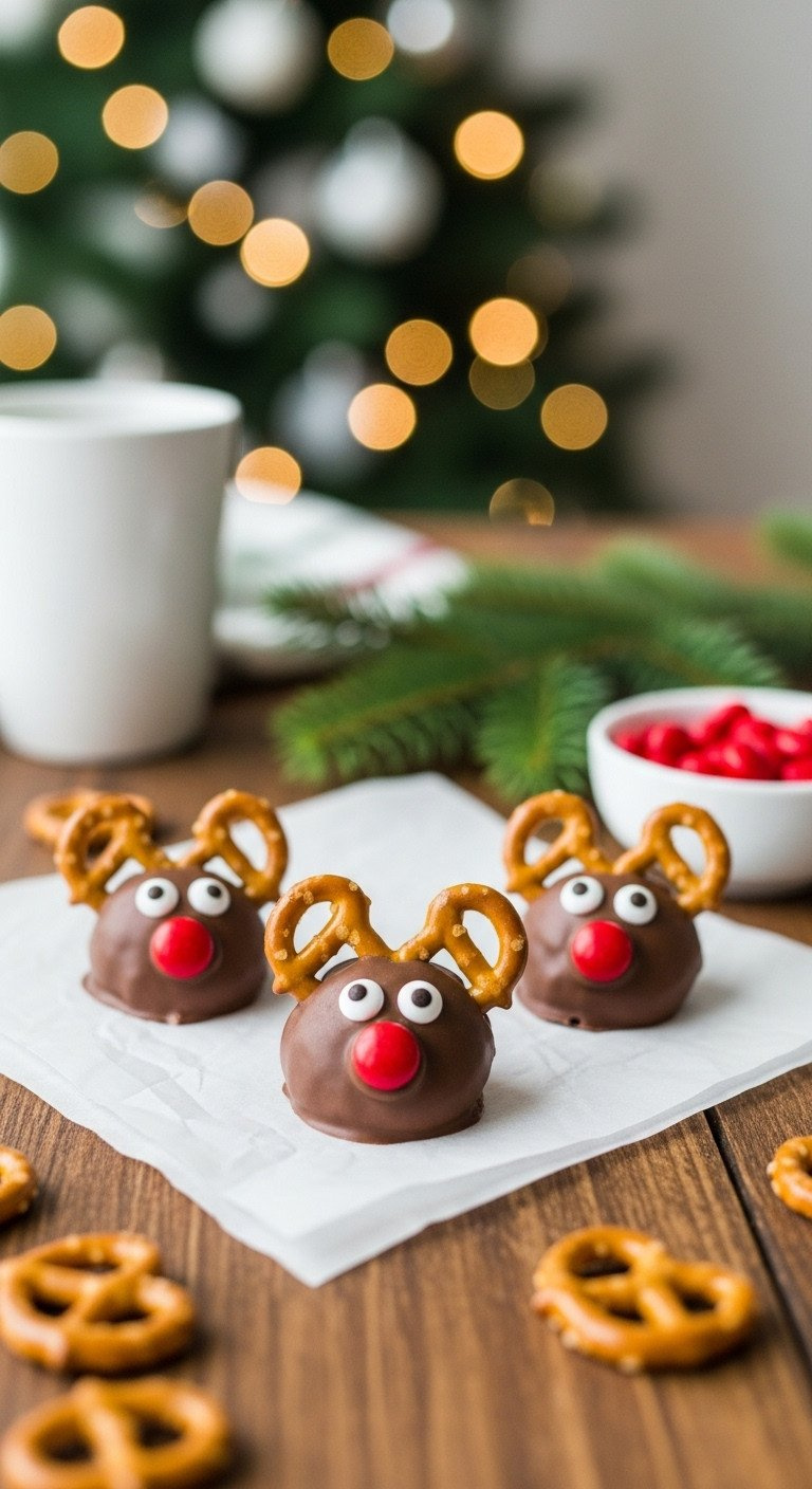 Close-Up Of Three No-Bake Reindeer Pretzels On Parchment Paper, Decorated With Candy Eyes And A Festive Red Candy Nose.