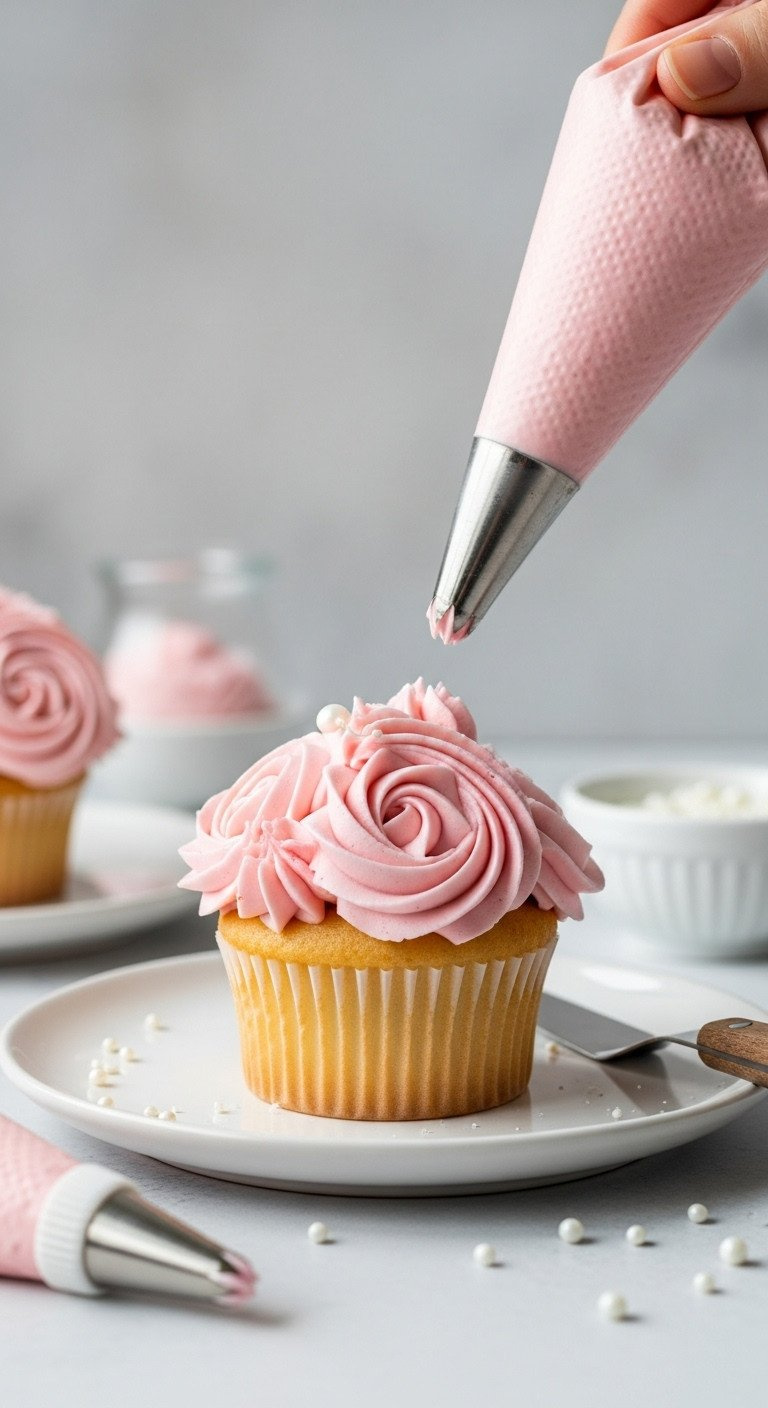 Close-Up Of Three Perfectly Piped Pink Buttercream Rosettes On A Cupcake, With Sugar Pearls And Piping Bag.