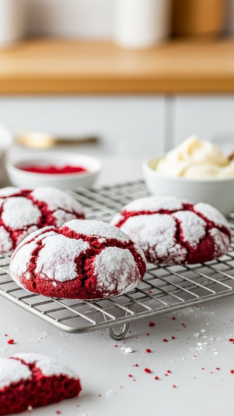 Close-Up Of Three Red Velvet Cookies With Crackled Surfaces Dusted With Powdered Sugar On Cooling Rack With Cream Cheese Frosting