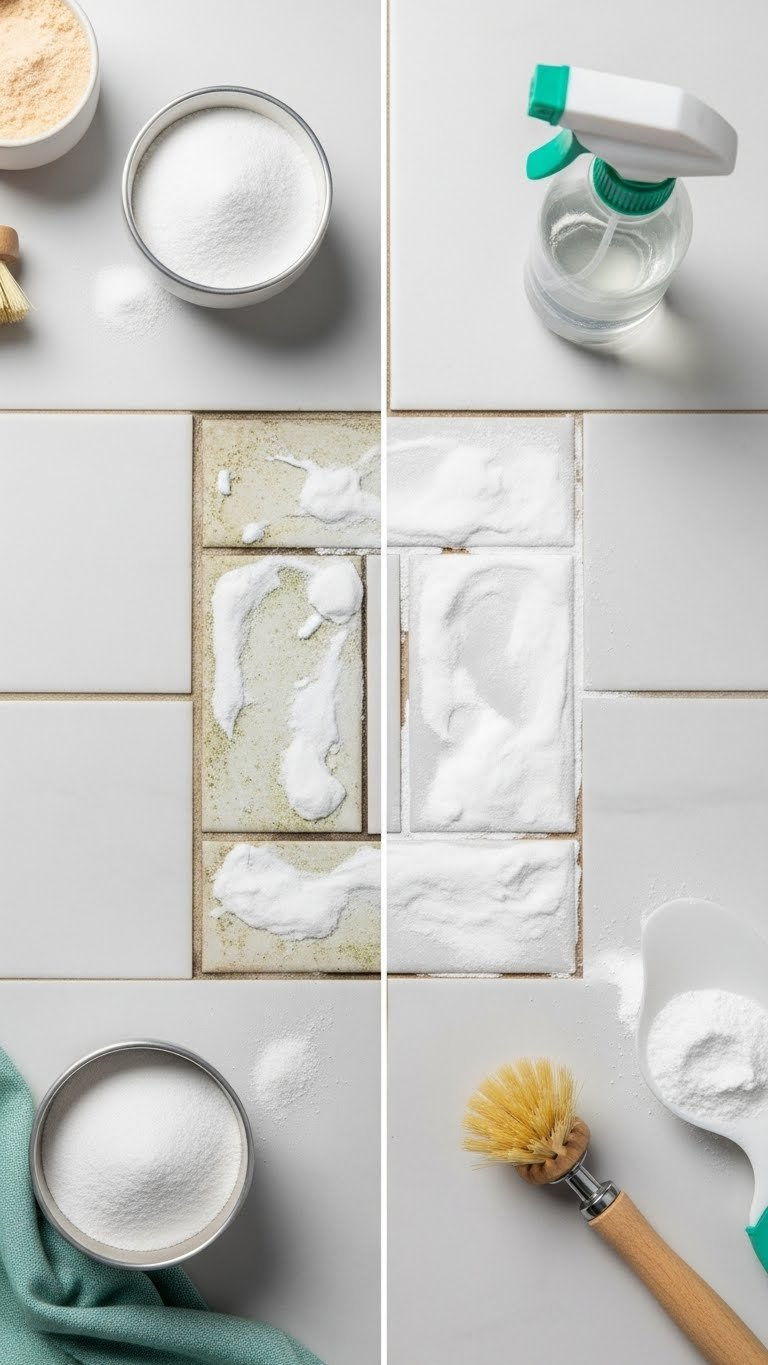 Close-Up Of Tile Grout Showing Baking Soda Paste Application And Vinegar Cleaning For Dramatic Before-And-After Effect