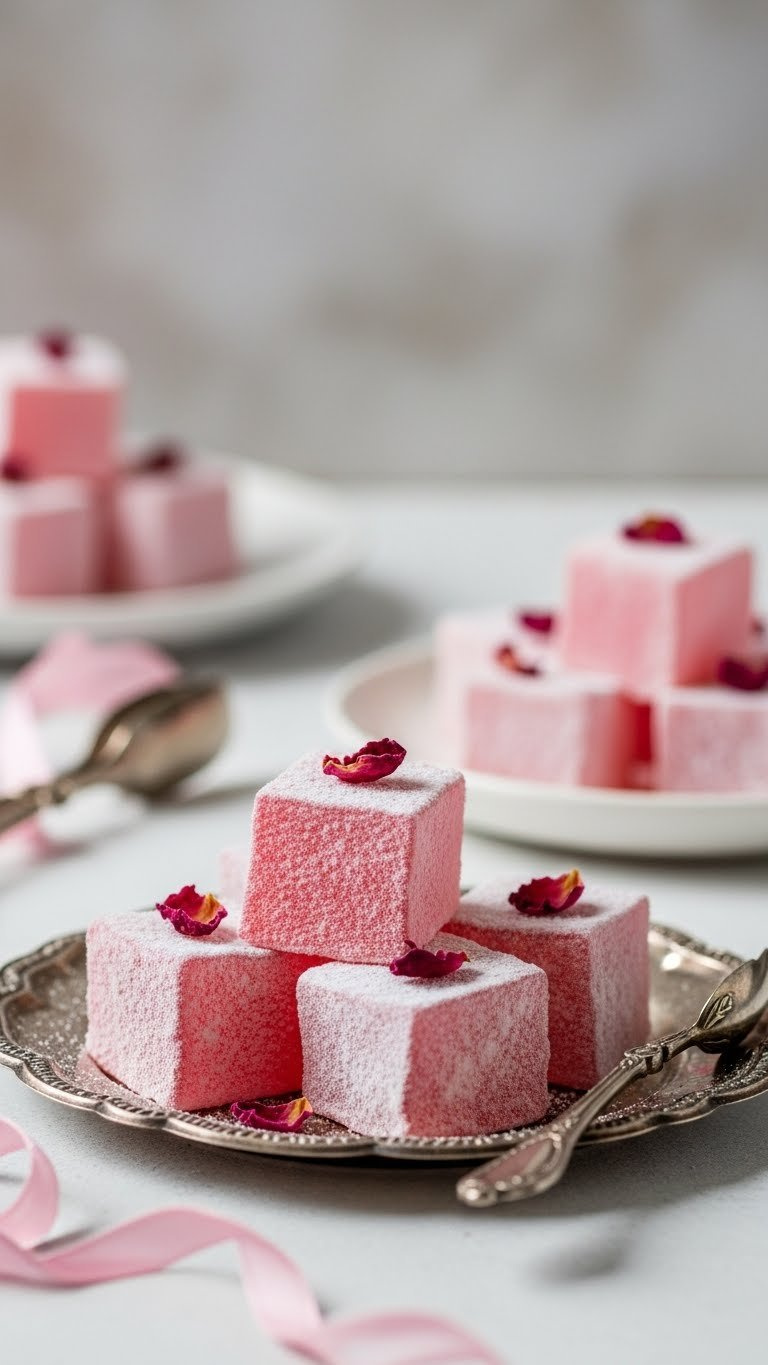 Close-Up Of Translucent Pink Turkish Delights Dusted With Powdered Sugar On Ornate Silver Platter