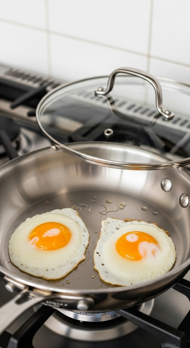 Close-Up Of Two Basted Eggs With Runny Yolks And Steamed Tops In A Stainless Steel Skillet, Showing A Cooking Technique.