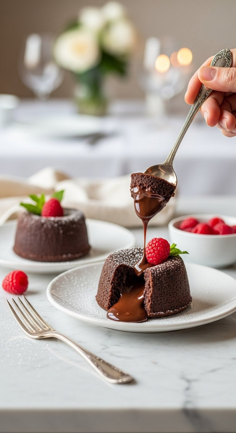 Close-Up Of Two Chocolate Lava Cakes For Sharing, Molten Center Oozing, With Powdered Sugar, Raspberry, Forks On Marble.