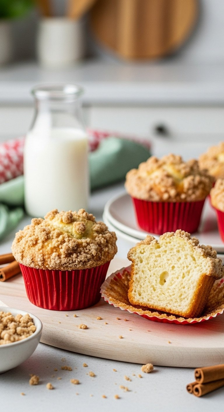 Close-Up Of Two Eggnog Muffins With A Crunchy Streusel Topping, A Delicious And Festive Christmas Breakfast Recipe Idea.