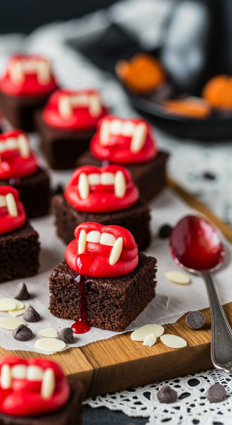 Close-Up Of Vampire Brownie Bites: Chocolate Squares, Red Frosting, Almond Fangs, 'Blood' Drip On Rustic Wood.