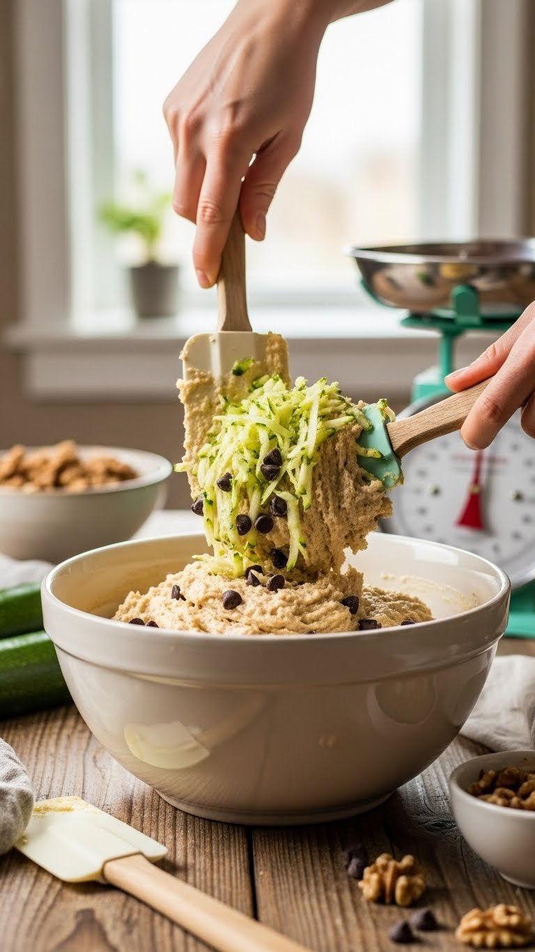 Close-Up Of Vegan Zucchini Bread Batter With Grated Zucchini And Chocolate Chips Being Folded In With Spatula