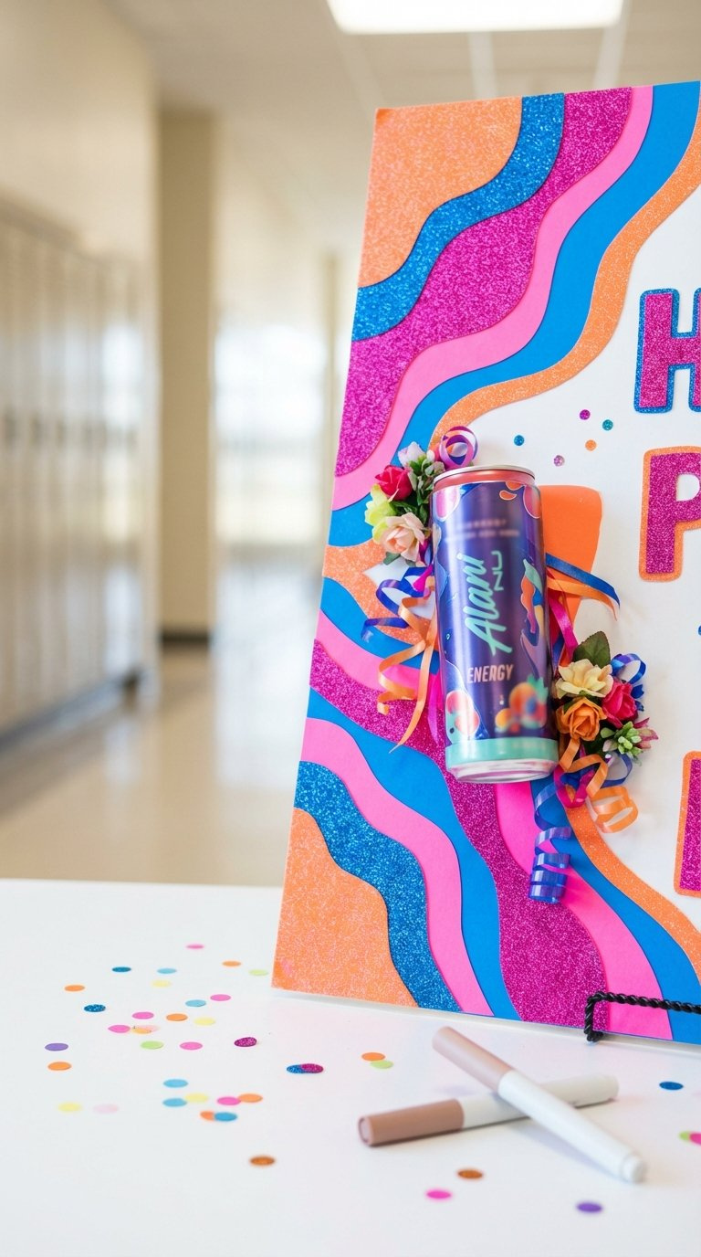 Close-Up Of Vibrant Alani Nu Energy Drink Homecoming Poster With Neon Pink And Blue Colors Featuring Cans Against Soft Bokeh Background