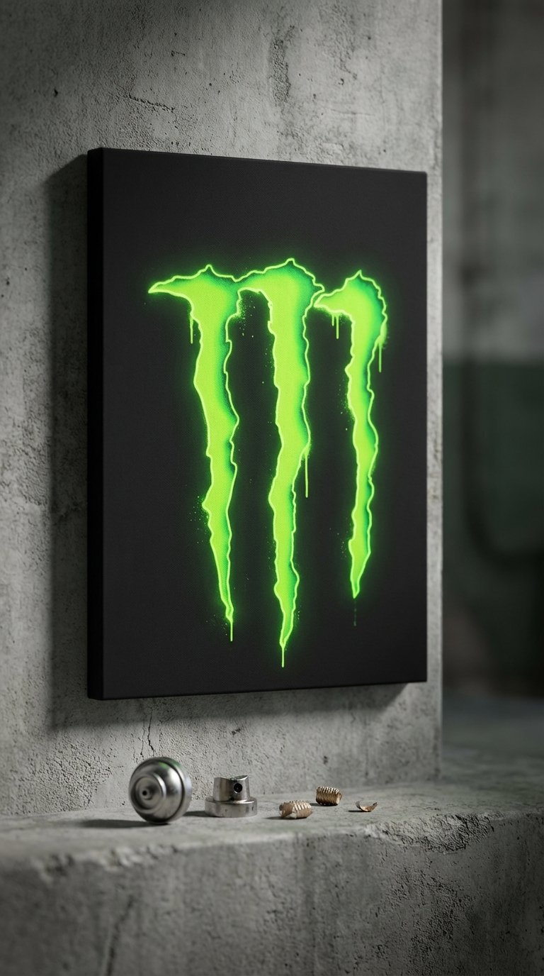 Close-Up Of Vibrant Monster Energy Logo Spray-Painted On Black Canvas With Neon Green Drip Effect On Concrete Background