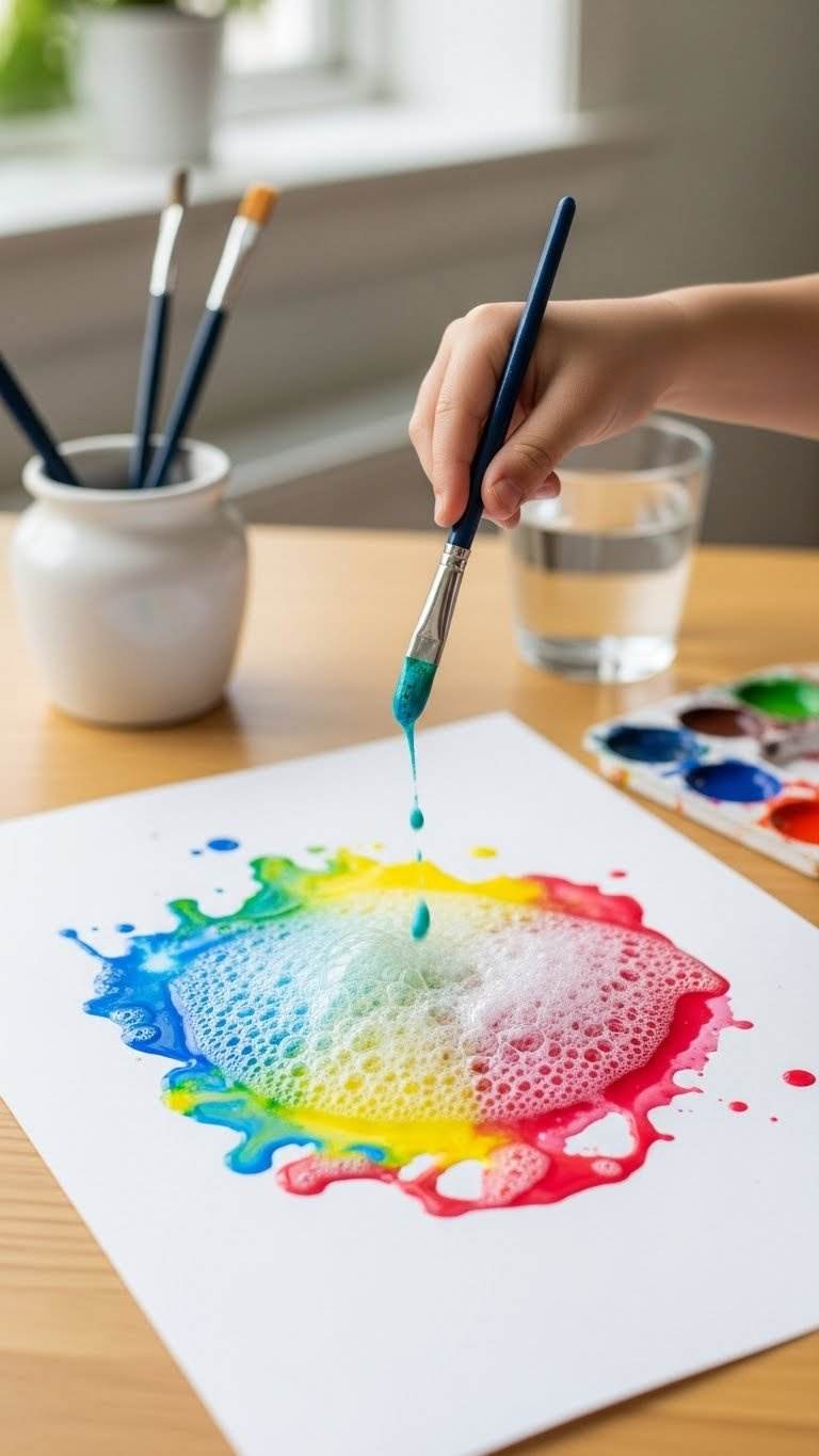 Close-Up Of Vibrant Abstract Baking Soda Paint Fizzing With Colorful Bubbles On White Art Paper