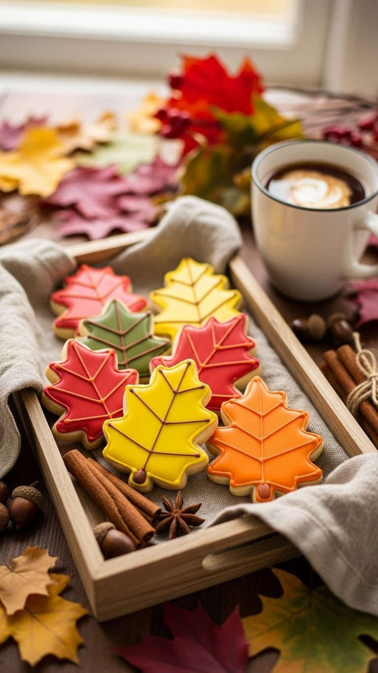 Close-Up Of Vibrant Autumn Leaf Sugar Cookies Decorated With Royal Icing In Red, Orange, And Yellow Colors On Rustic Wooden Tray