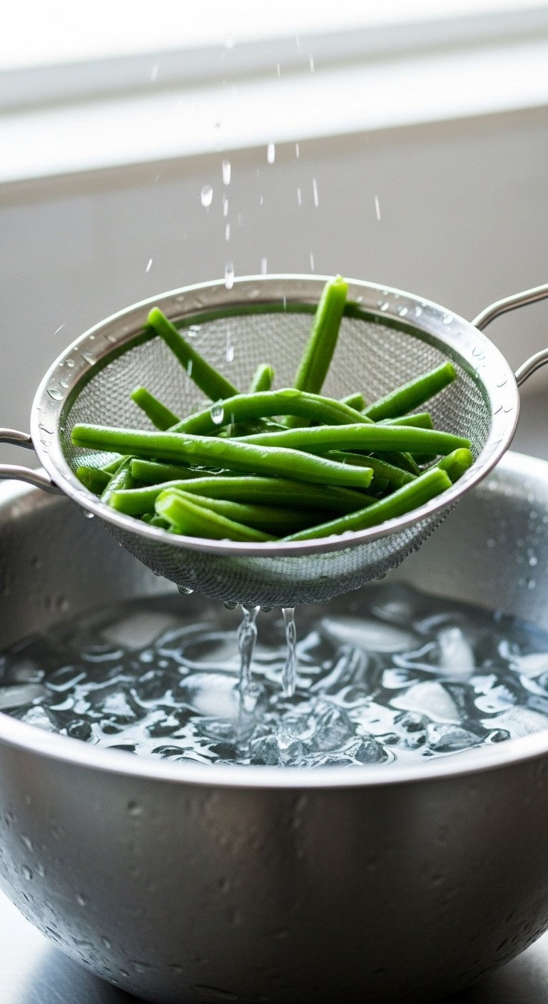 Close-Up Of Vibrant Blanched Green Beans With Water Droplets Being Lifted From A Steel Bowl Ice Bath With A Strainer.