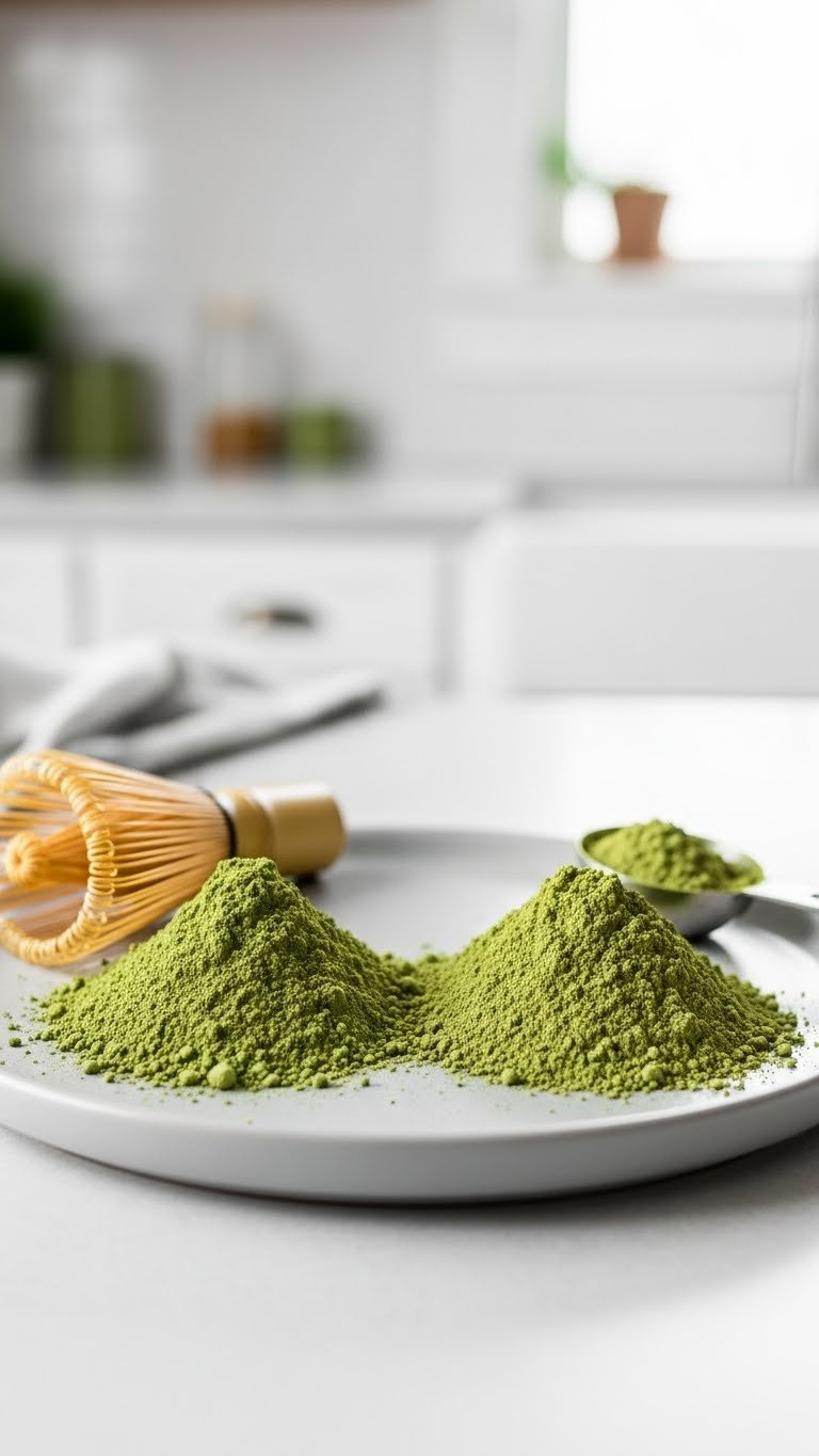 Close-Up Of Vibrant Ceremonial And Culinary Matcha Powders Side-By-Side On Light Grey Ceramic Plate With Bamboo Whisk And Measuring Spoon