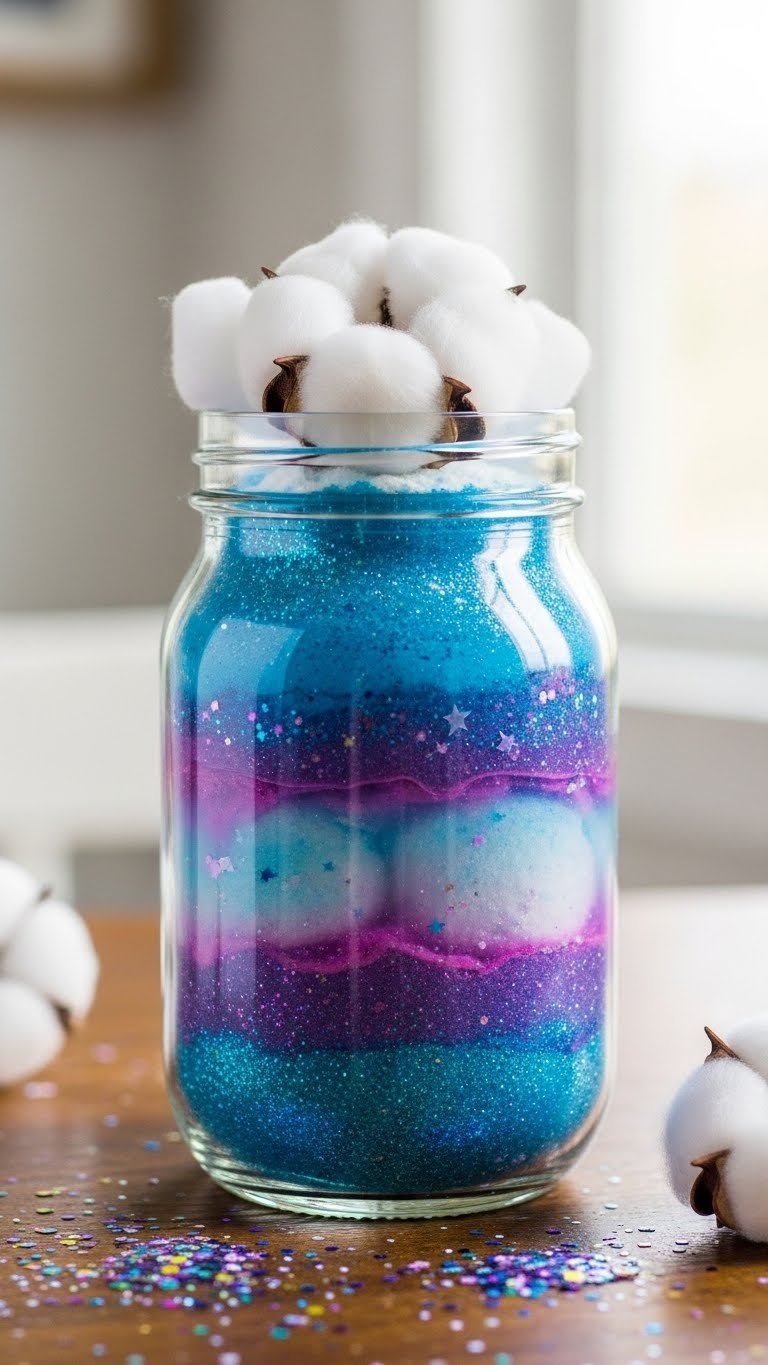 Close-Up Of Vibrant Glitter Galaxy Jar With Swirling Blue And Purple Layers, Cotton Clouds, And Star-Like Glitter In Mason Jar On Rustic Wood Table