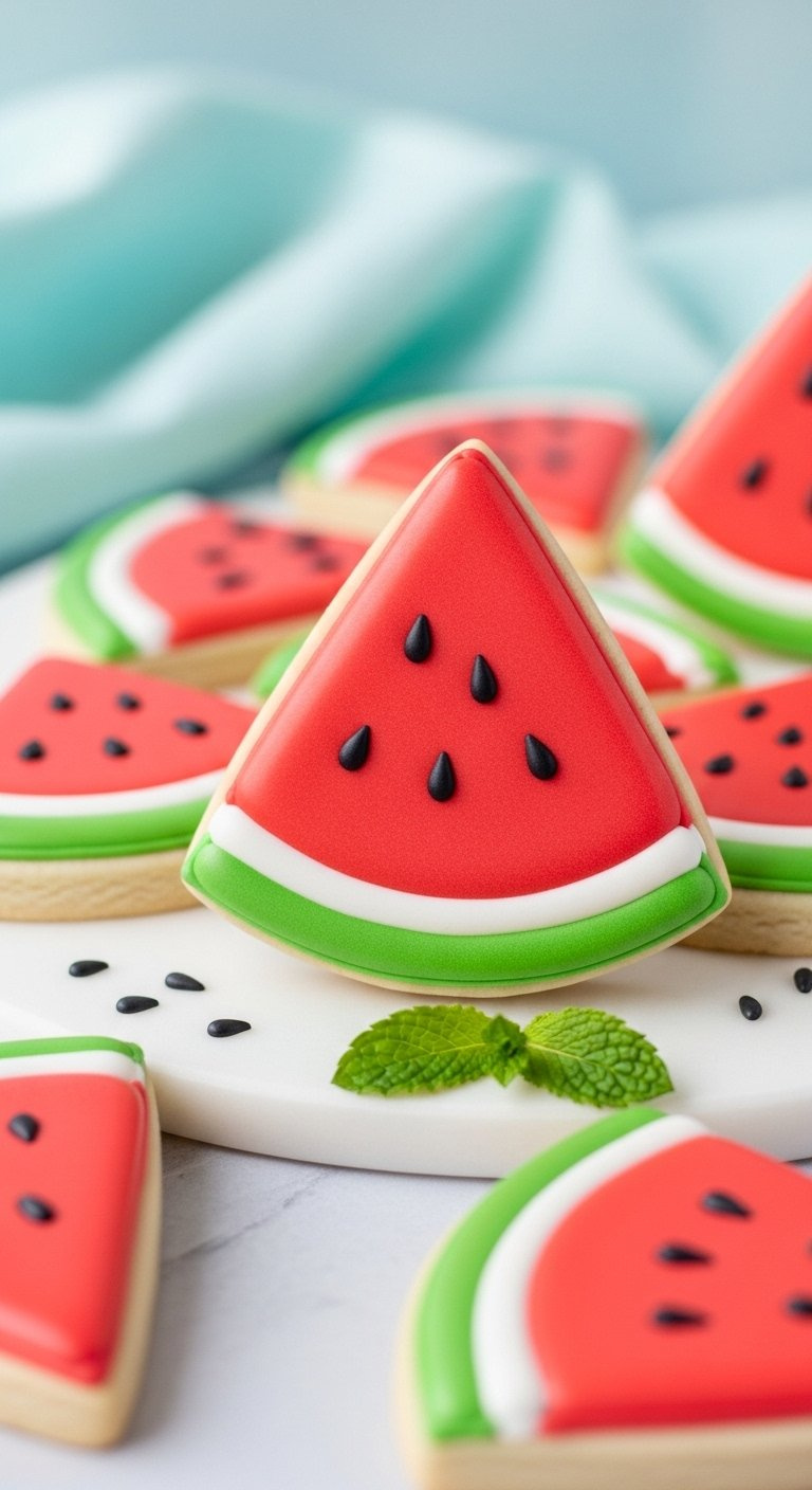 Close-Up Of Vibrant Iced Sugar Cookies Shaped Like Watermelon Slices With Red Flesh, White Rind, Green Edges, And Black Seeds.