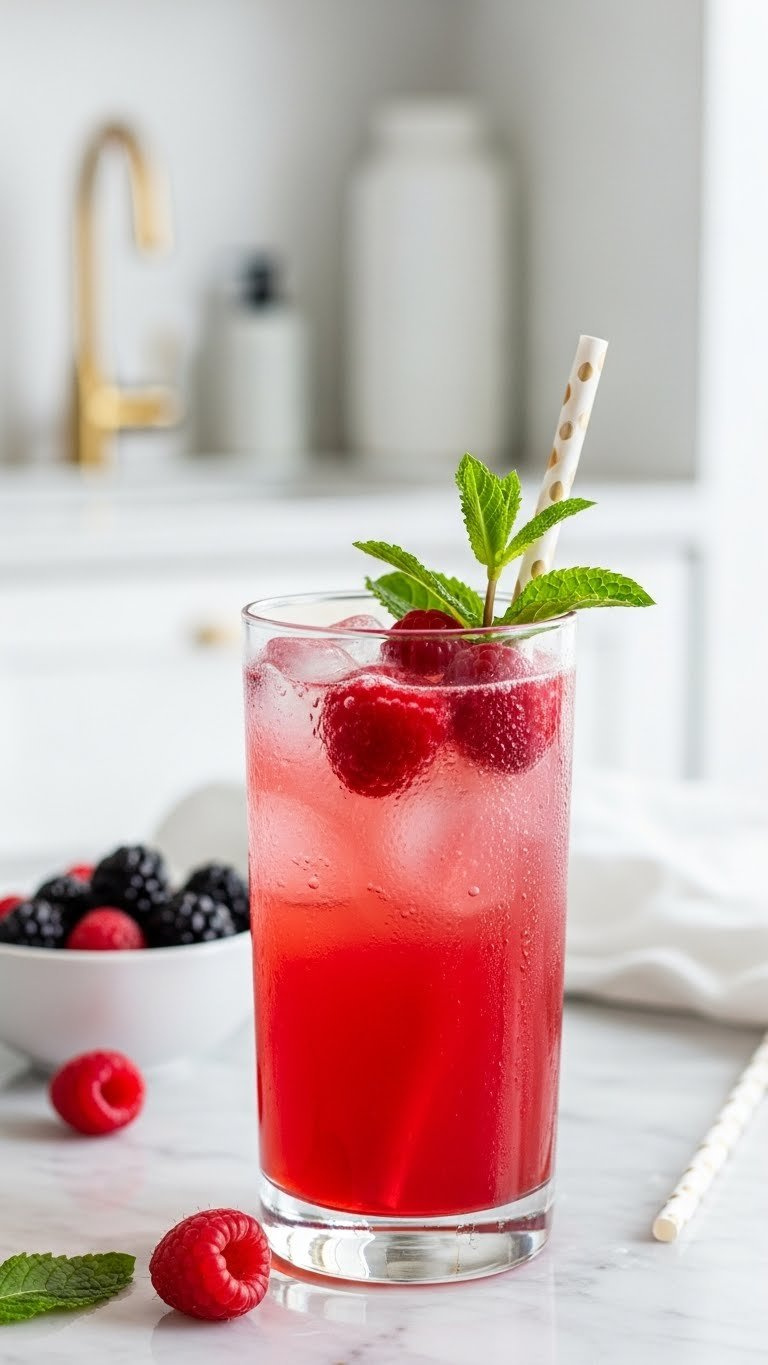 Close-Up Of Vibrant Pink Sparkling Berry Bliss Mocktail With Fresh Raspberries And Mint In Elegant Glass On Marble Countertop