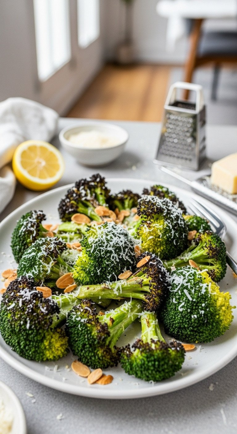 Close-Up Of Vibrant Roasted Broccoli Florets With Charred Tips, Parmesan Cheese, And Almonds On A Platter, Fresh &Amp; Savory.