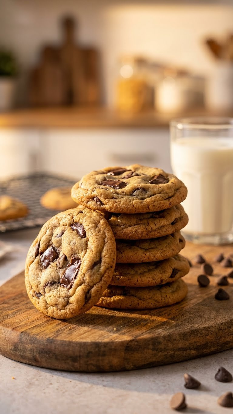 Close-Up Of Warm, Golden-Brown Chocolate Chip Cookies With Melted Chocolate Chunks, Served On A Rustic Wooden Table With A Glass Of Milk.