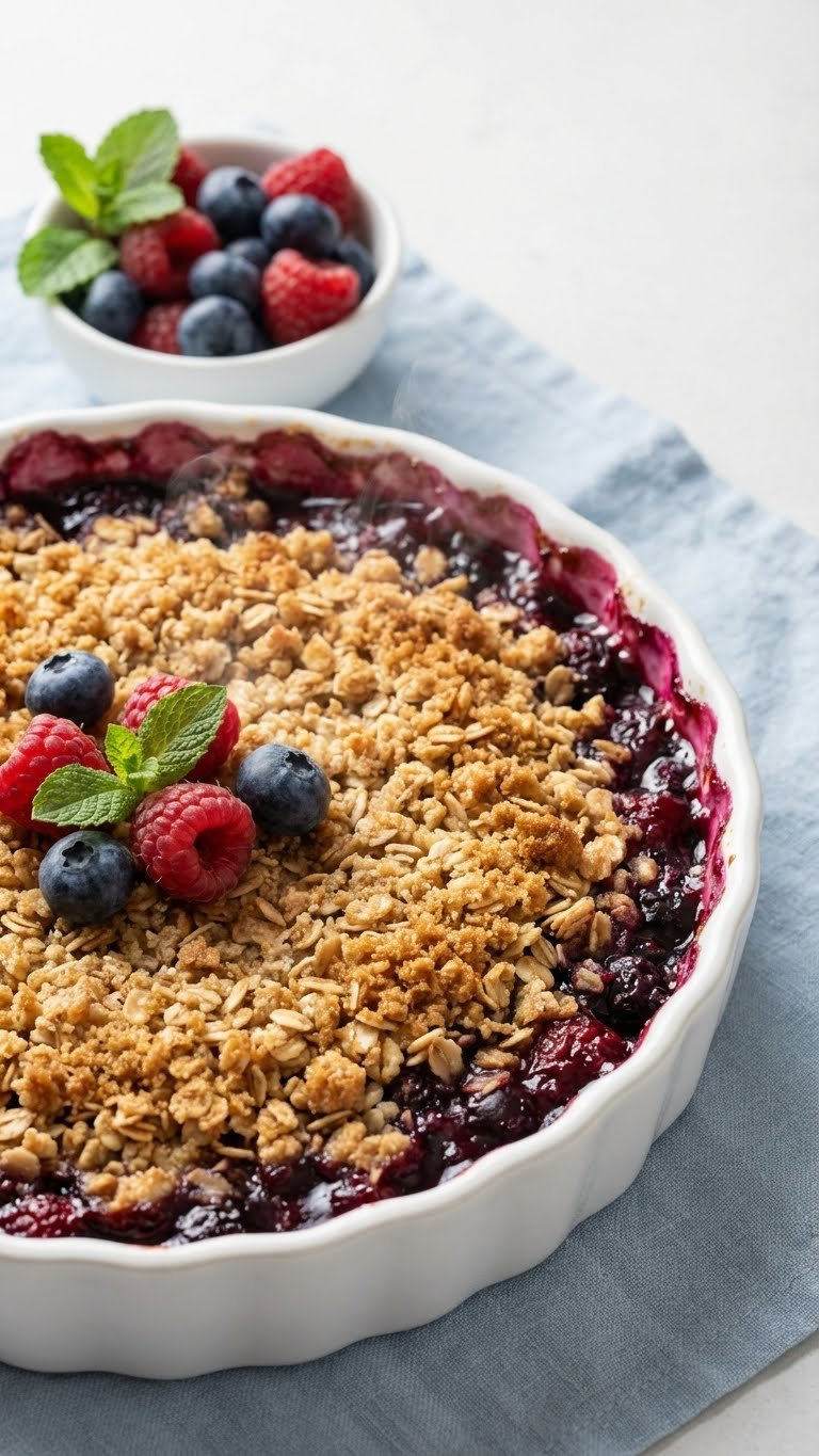 Close-Up Of Warm Mixed Berry Crumble: Bubbling Fruit, Crisp Oat &Amp; Brown Sugar Topping, Fresh Blueberries, Raspberries, Mint.
