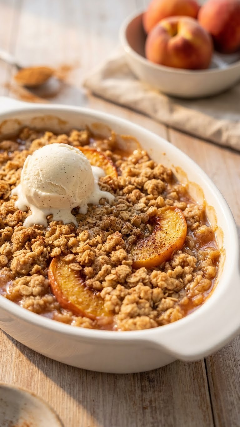 Close-Up Of Warm Peach Crumble With Bubbling Fruit, Golden Spiced Topping, Fresh Peaches, Cinnamon Dust On Wood Table.
