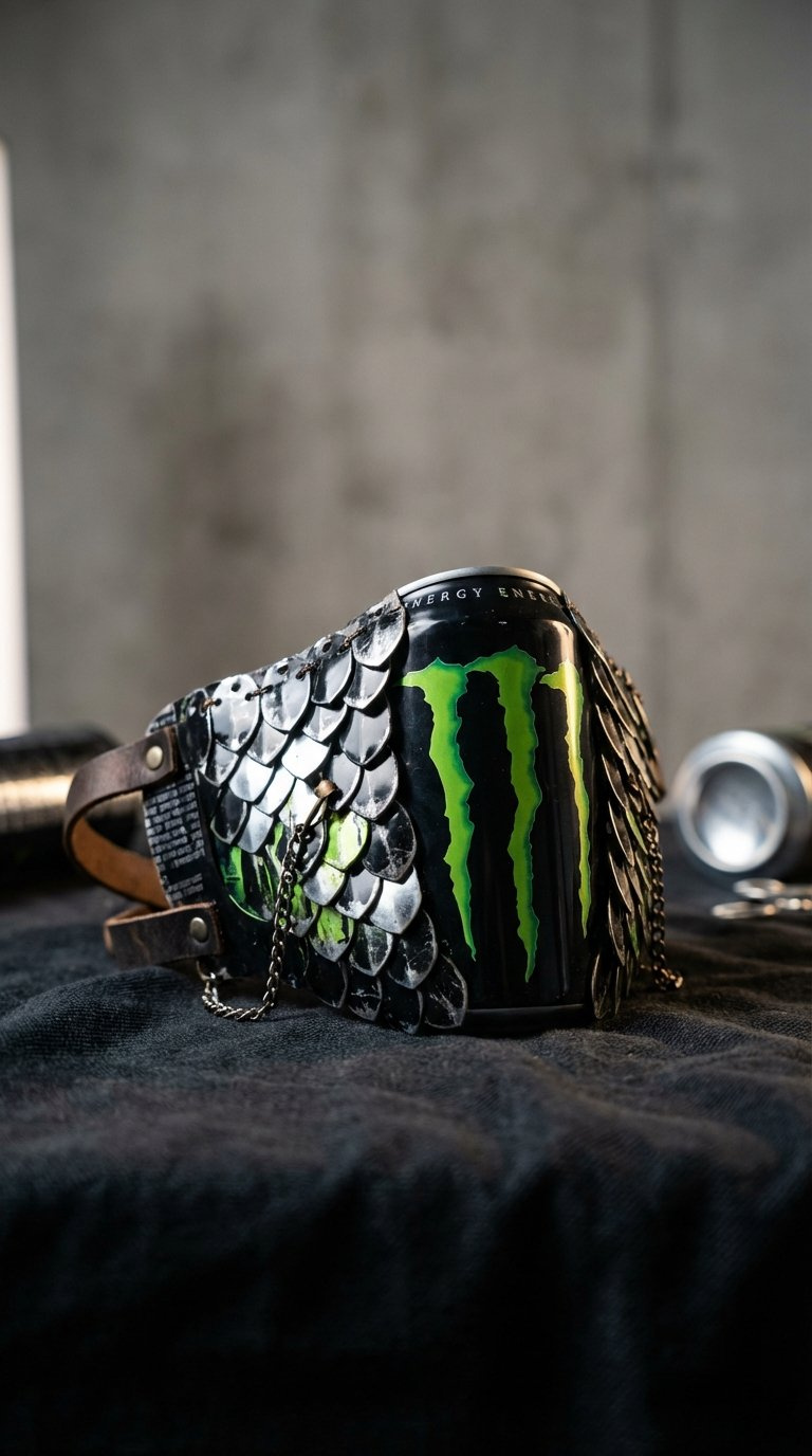 Close-Up Of Wearable Monster Energy Mask Crafted From Recycled Cans With Claw Logo On Dark Fabric Background