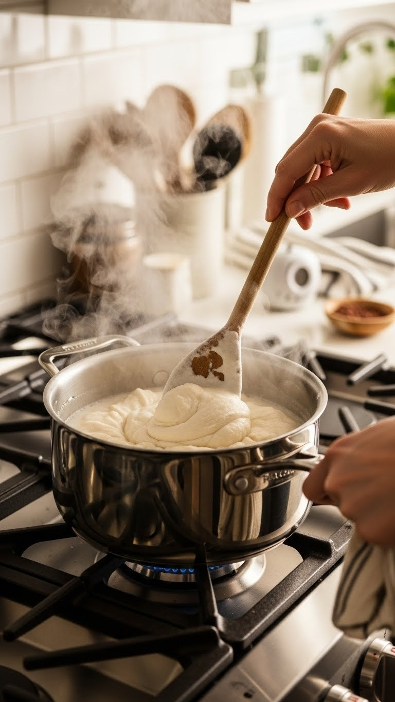 Close-Up Of White Baking Soda Dough Thickening In Stainless Steel Saucepan On Stovetop With Wooden Spoon And Golden Hour Lighting