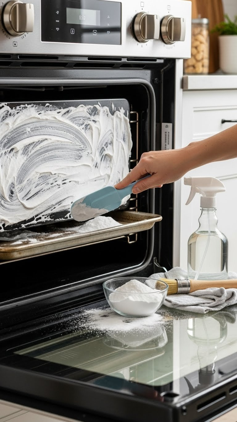 Close-Up Of White Baking Soda Paste Applied To Burnt-On Grease Inside Stainless Steel Oven Interior With Vinegar Spray Bottle Nearby