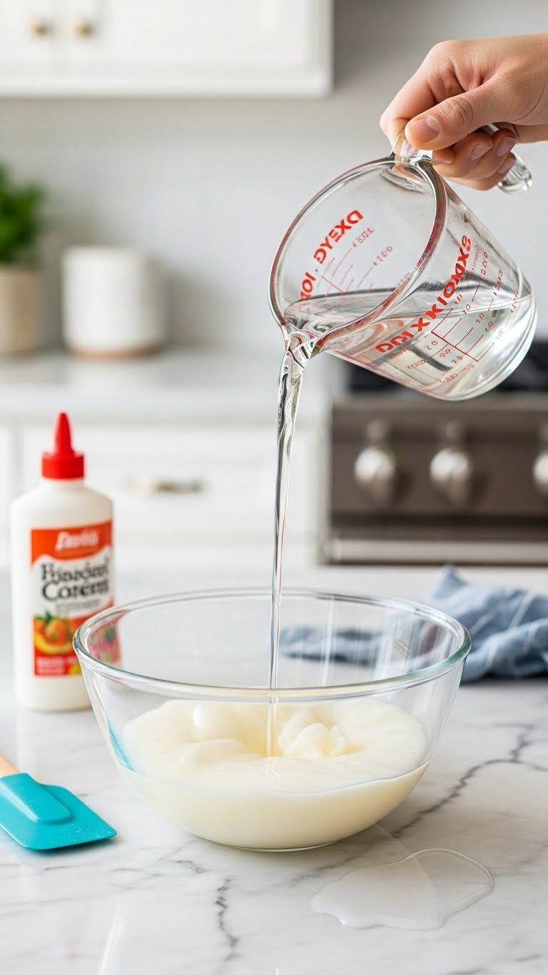 Close-Up Of White School Glue Mixing With Warm Water In Glass Bowl Showing Swirling Textures And Blending Process