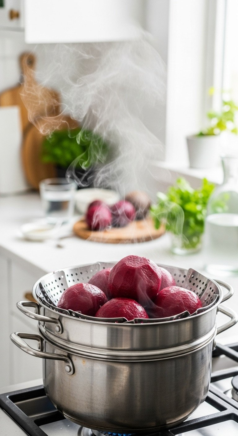 Close-Up Of Whole, Peeled Steamed Beets In A Stainless Steel Steamer Basket On A Stovetop, With Steam Rising.
