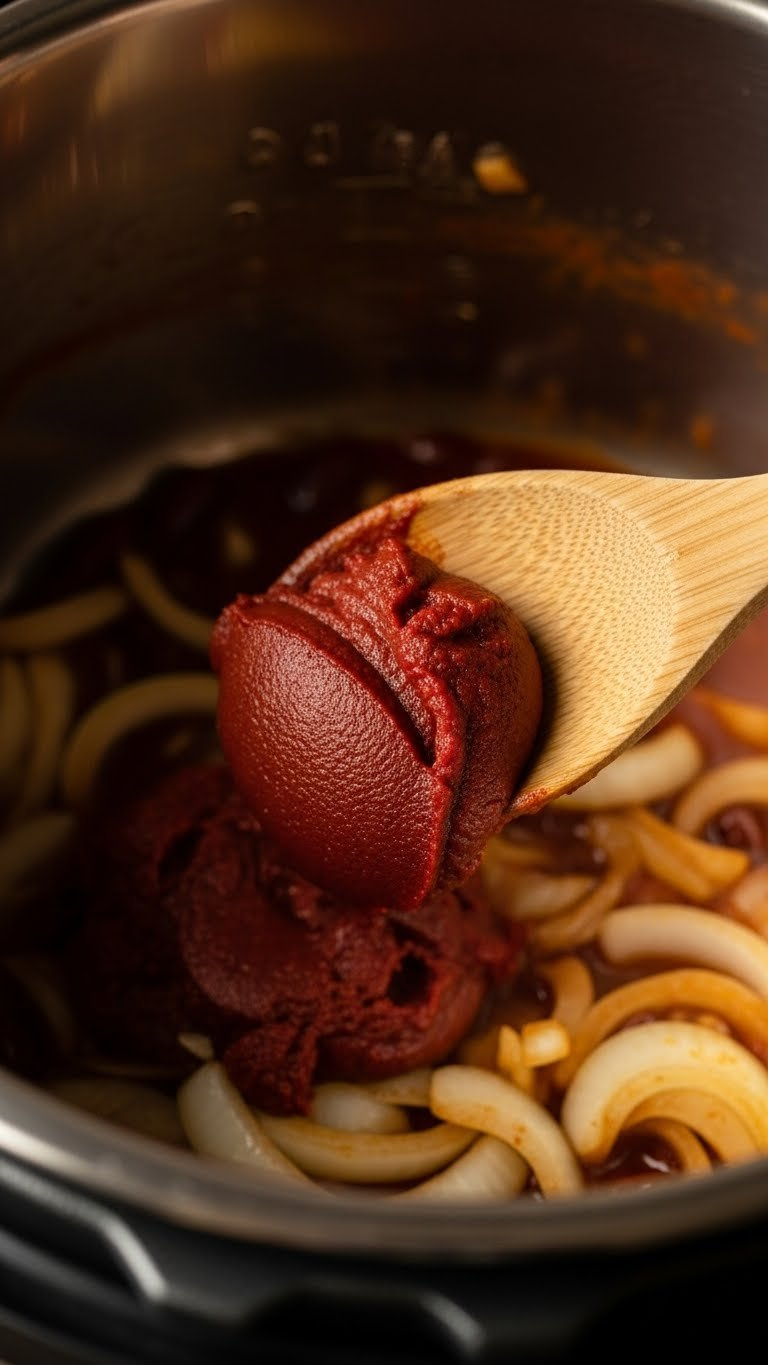 Close-Up Of Wooden Spoon Stirring Tomato Paste Into Sautéed Onions In Instant Pot For Chili Recipe